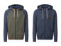 Twee heren hoodies met rits, een groen en een blauw.