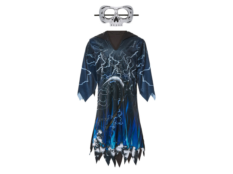 Een Grim Reaper-kostuum met een schedelmasker voor Halloween.