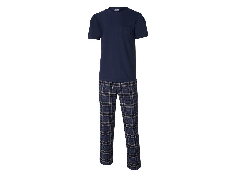 Marineblauwe herenpyjama met korte mouwen en geruite broek.