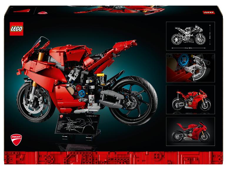 LEGO Technic Ducati Panigale V4 R doos met modeldetails en specificaties.