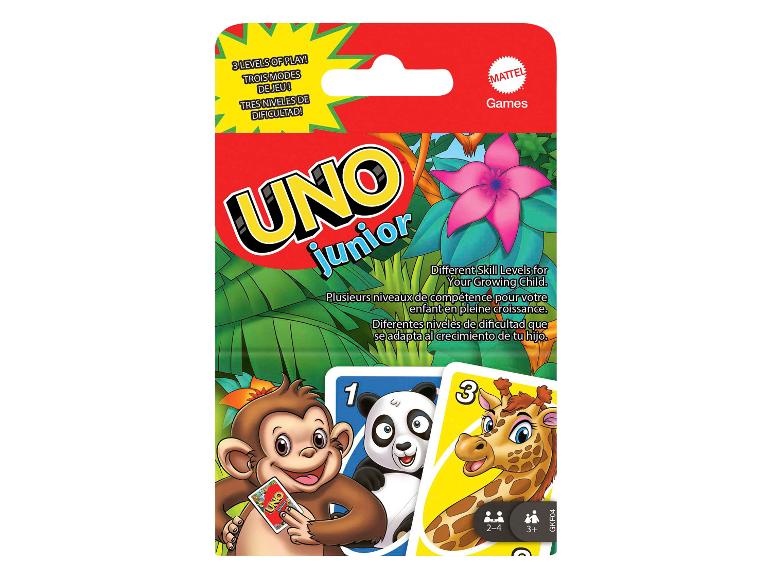 UNO Junior kaartspel in jungle-thema verpakking met aap, panda en giraf.