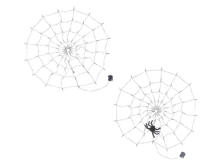 Twee Halloween spinnenwebdecoraties met verlichting, één met een spin.