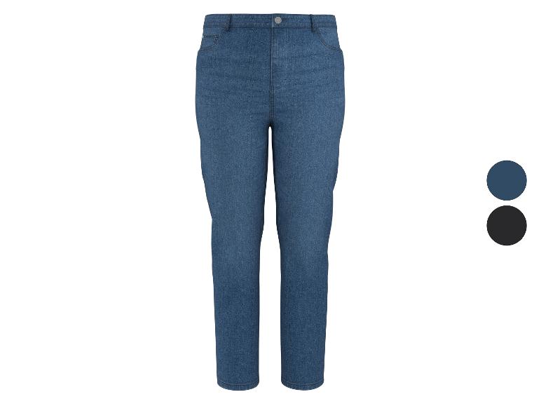 Damesjeans in donkerblauw en zwart.