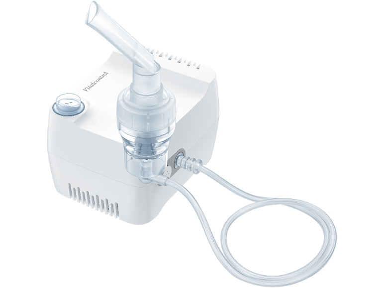 Witte inhalator met mondstuk en verbindingsslang.