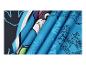 Katoenen stof met cartoon- en robotprints in blauwe en zwarte tinten.