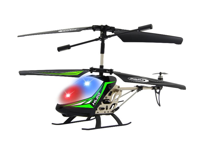 Zwarte en groene RC helikopter met rode en blauwe lichten, met het Jamara logo