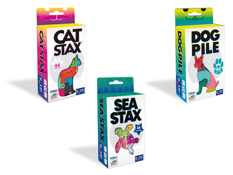 Drie doosjes met stapelpuzzels: Cat Stax, Dog Pile en Sea Stax.