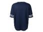 Donkerblauw sportshirt met witte strepen op mouwen, achteraanzicht.