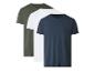 Verpakking van drie T-shirts met korte mouwen in donkergroen, wit en marineblauw.