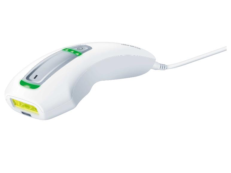 Witte IPL-epilator met groene lichtindicatoren en snoer.