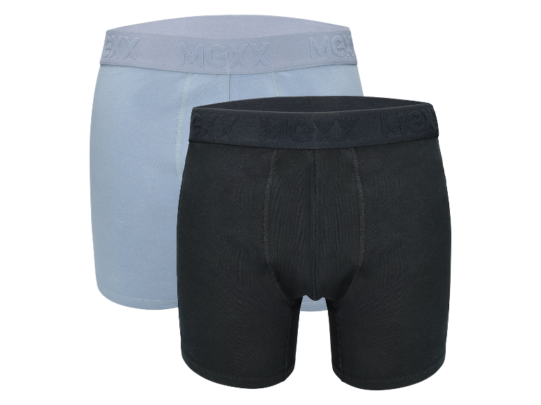 Twee MEXX boxershorts, een lichtblauwe en een zwarte.