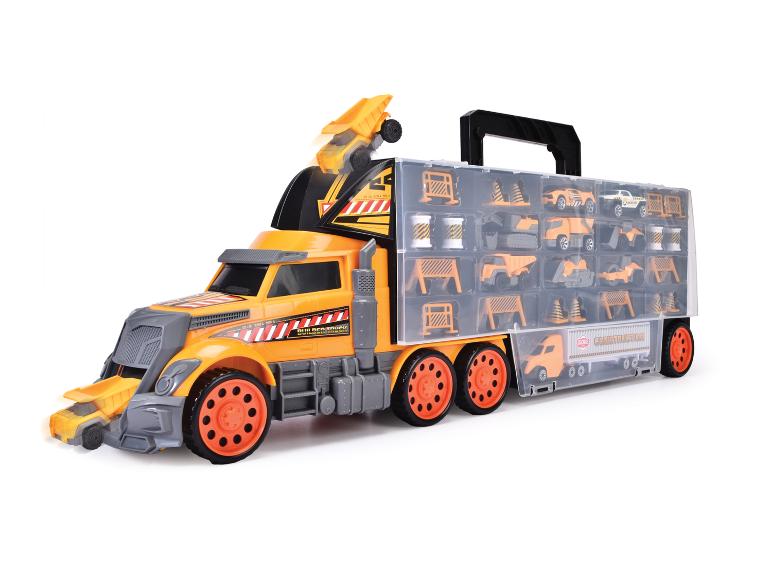 Speelgoedvrachtwagen met aanhanger vol bouwvoertuigen en -uitrusting.