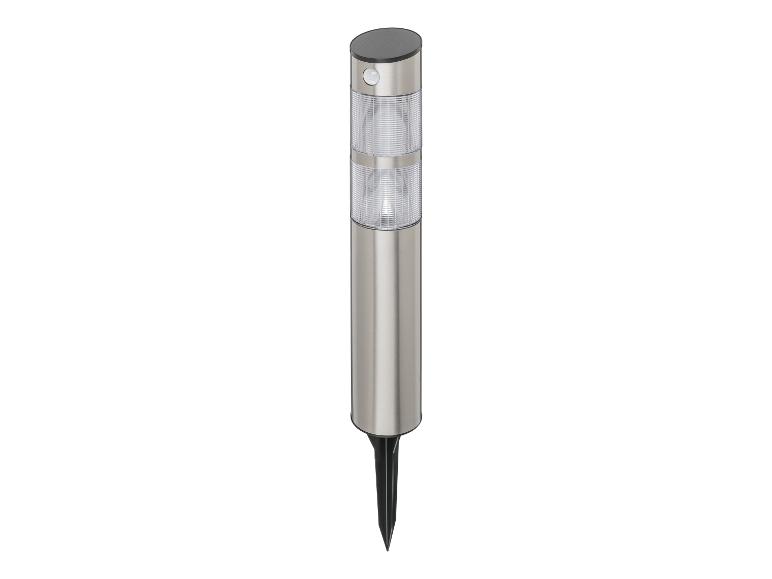 Zilverkleurige solarlamp met grondpin.