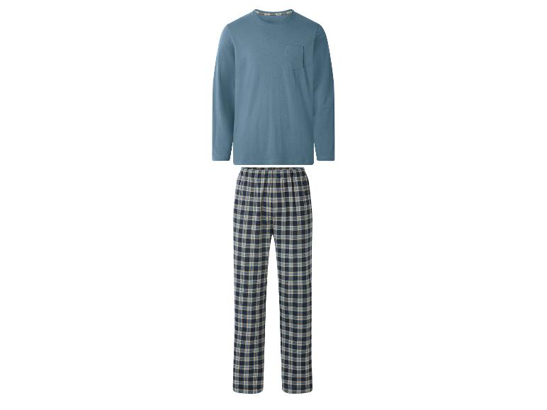 Blauw pyjamashirt met lange mouwen en geruite pyjamabroek.