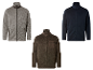 Drie heren fleecevesten met rits in grijs, bruin en marineblauw.