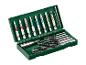 Boor- en schroevendraaierbitset in een groene koffer, inclusief diverse maten en typen.