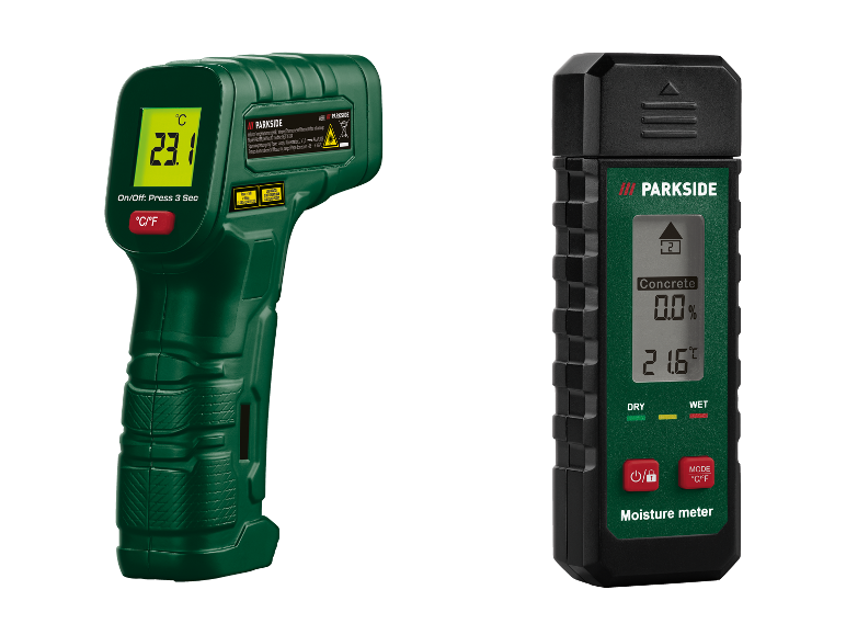Infrarood thermometer en vochtmeter voor beton en hout.