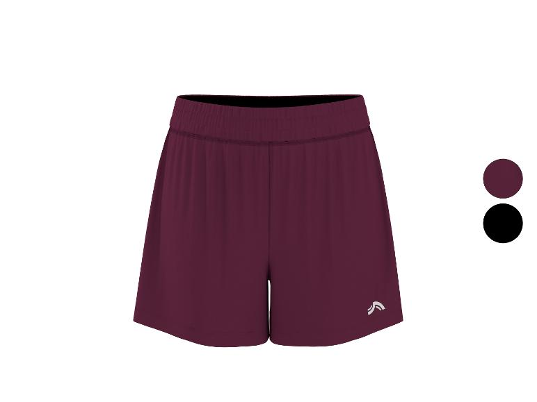 Bordeauxrode sportshort met wit logo en zwarte tailleband, met kleurstalen.