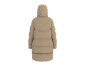 Lange beige pufferjas met capuchon, achteraanzicht.