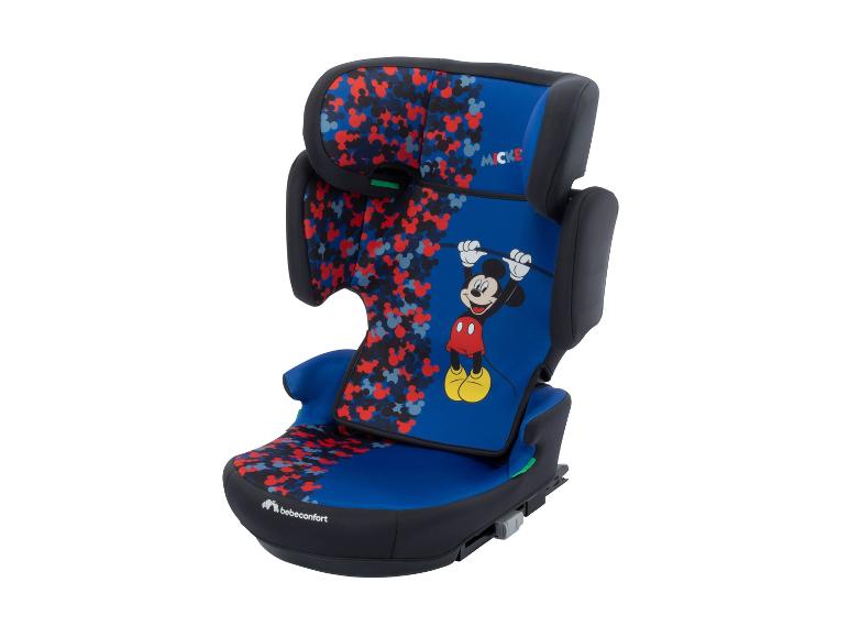 Bebeconfort blauw kinderautostoeltje met Mickey Mouse-patroon.