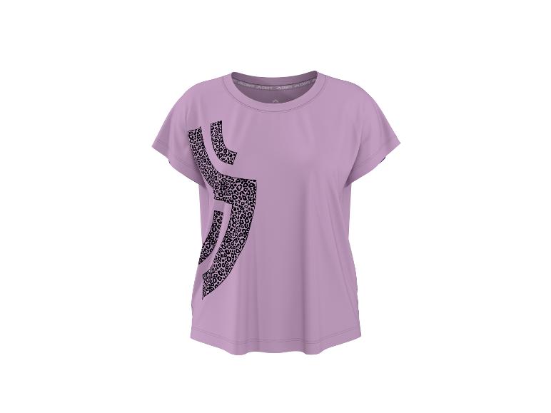 Lila dames T-shirt met korte mouwen en een zwart luipaardprintpatroon.