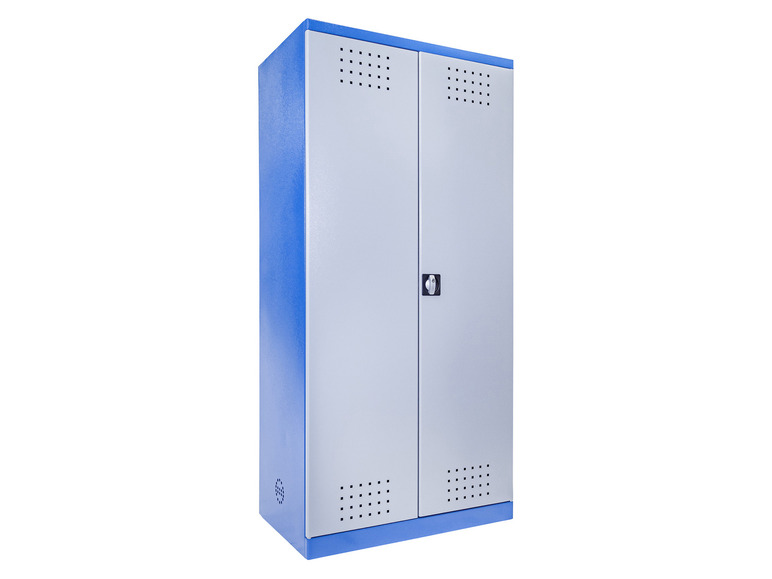 Een blauwe metalen kast met twee deuren.