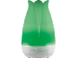 Groene tulpvormige aromadiffuser met bedieningsknoppen voor licht, timer en nevel.