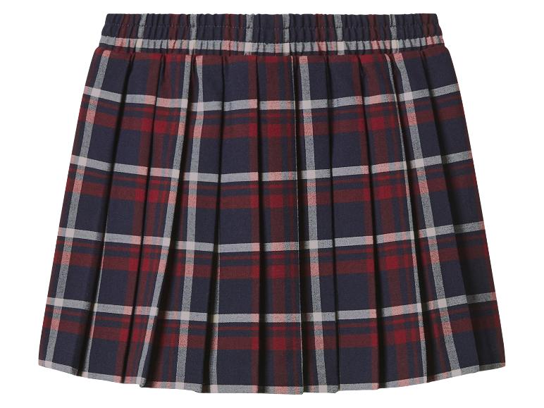 Een geplooide geruite rok met elastische tailleband in marineblauw, rood en wit.