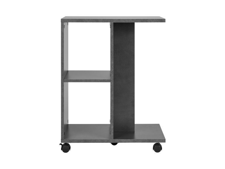 Een grijze, rollende bijzettafel met planken.