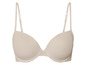 Een beige bh met gladde cups en verstelbare bandjes.