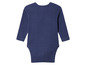 Een donkerblauwe baby romper met lange mouwen.