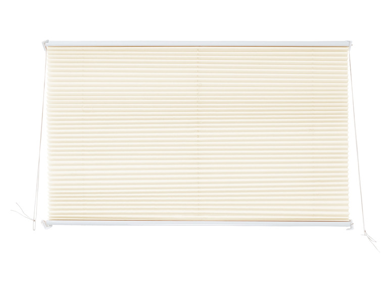 Een beige vouwgordijn met witte bevestiging