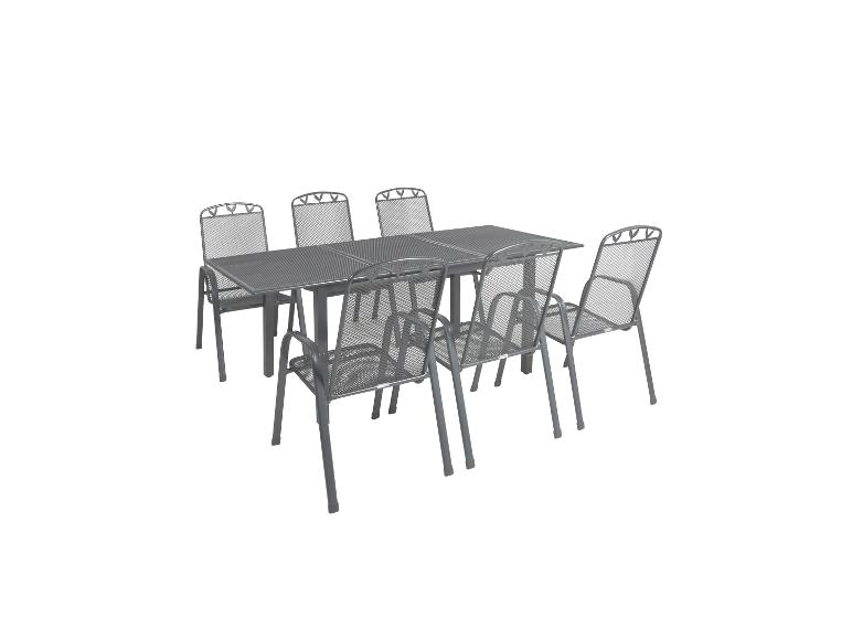 Grijze metalen tuintafel en stoelenset met 6 stoelen.