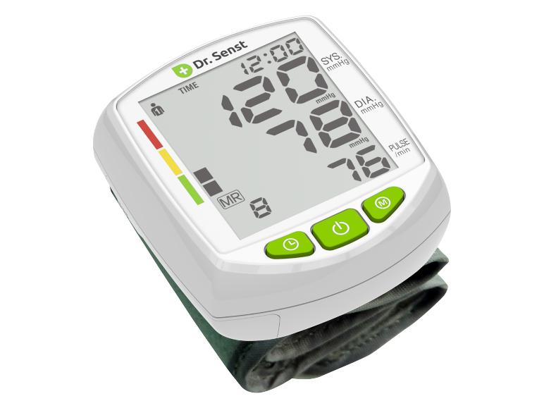 Dr. Senst polsbloeddrukmeter met digitaal display dat 120/78 mmHg en pols 76 toont.
