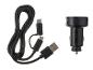 Zwarte autolader met USB-kabel en micro-USB-adapters