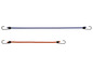 Twee bungee koorden met haken in blauw en rood.