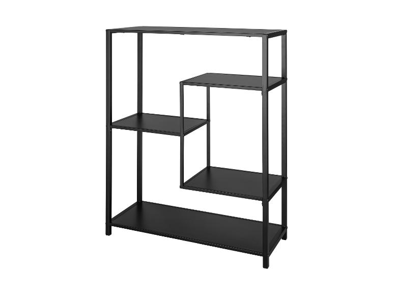 Modern zwart vierlaags rek met een asymmetrisch geometrisch ontwerp.