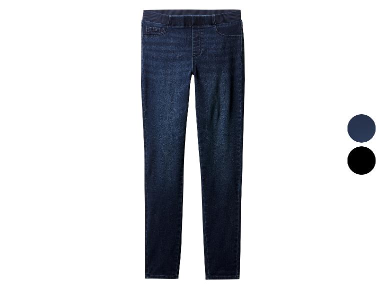 Donkerblauwe skinny jeans met elastische taille, gepresenteerd op een witte achtergrond.
