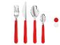 Bestekset met rode handvatten: vork, mes, grote en kleine lepel.