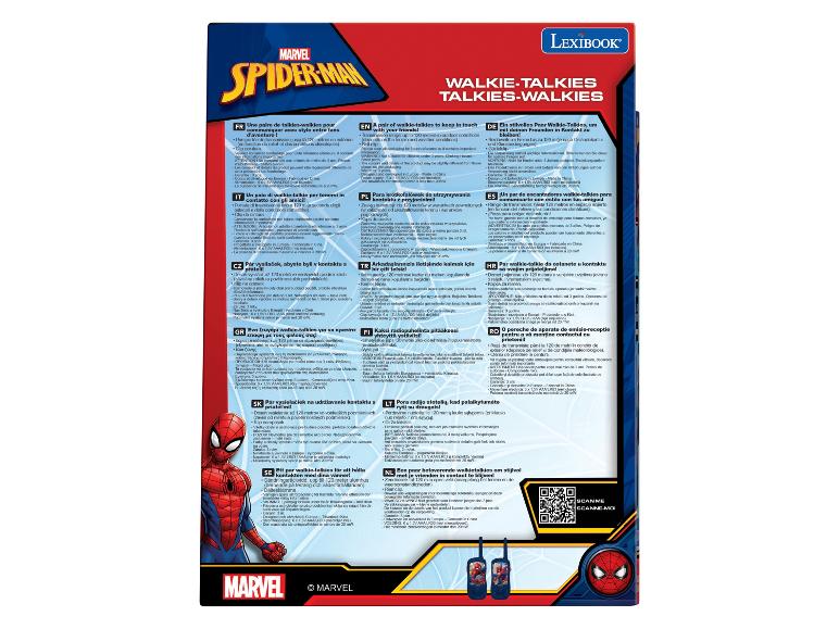Spider-Man walkietalkies met riemclip, met productinformatie in meerdere talen.