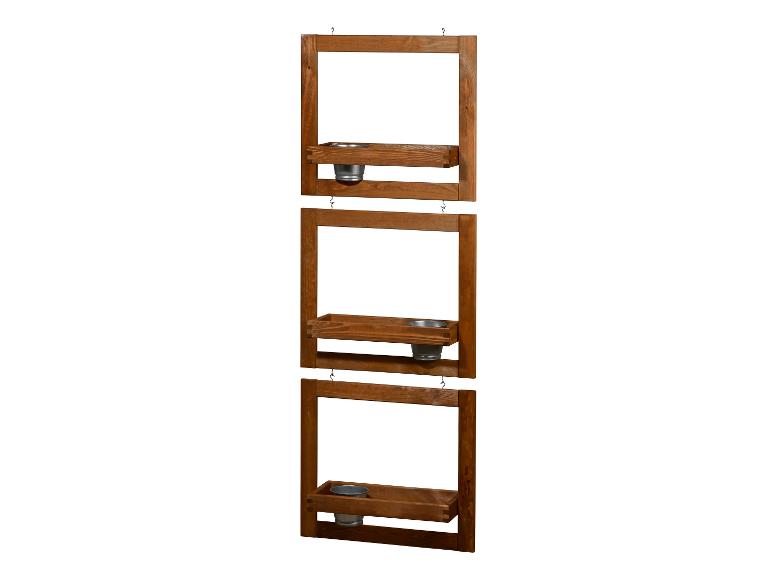 Een houten wandrek met drie planken, geschikt voor plantenpotten.
