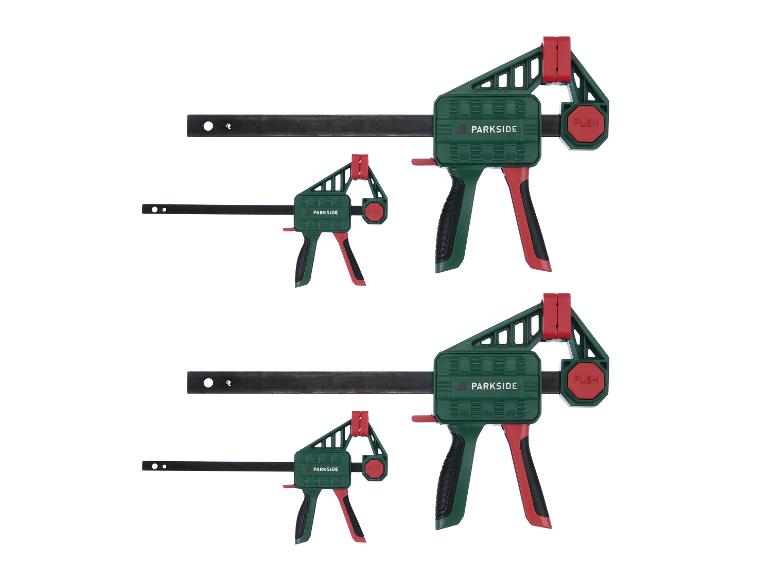 Twee Parkside klemmen, groot en klein, met klemstangen.