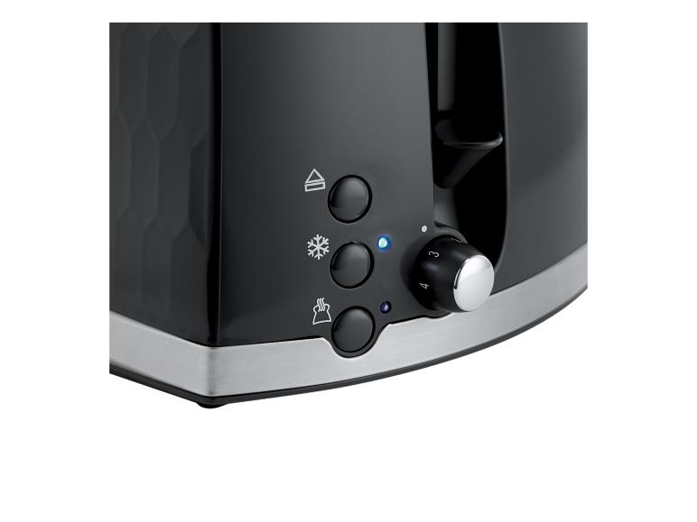 Zwarte broodrooster met ontdooi-, opwarm- en annuleerknoppen, en een draaiknop voor bruiningscontrole.