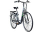 Een grijze elektrische fiets met groene accenten.