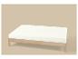 Licht houten bedframe met wit matras op beige achtergrond.