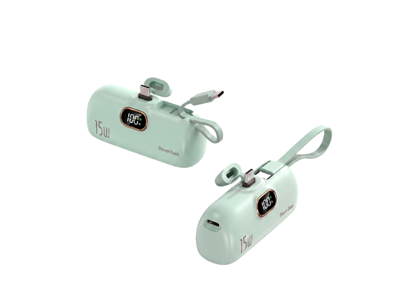 Twee mintgroene powerbanks met 15W output en 100% laadindicator.