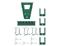 Set groene metalen houders en haken voor tuingereedschap op een zwarte achtergrond.