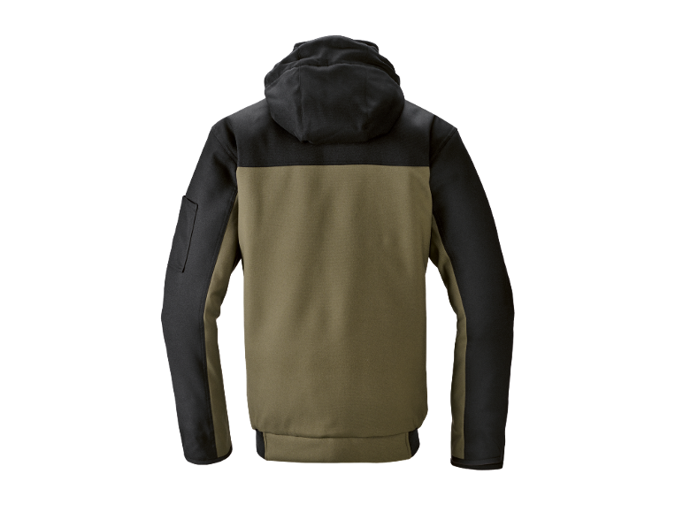 Tweekleurige heren outdoorjas in olijfgroen en zwart met capuchon.