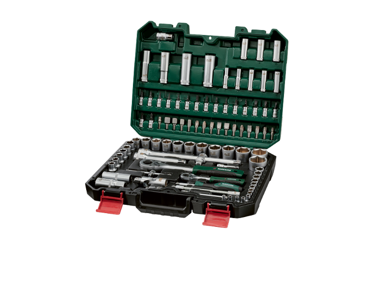Open gereedschapskoffer met dopsleutelset en bits