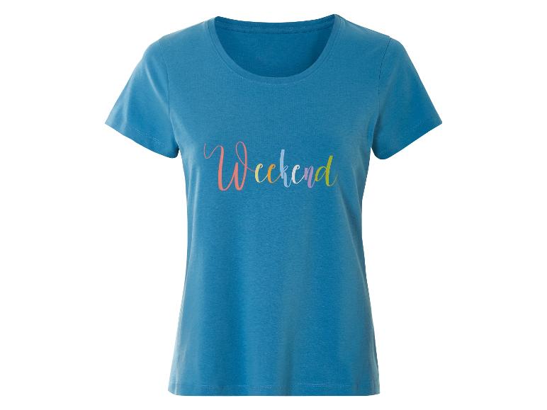 Blauw dames T-shirt met het opschrift "Weekend" in pastelkleuren.